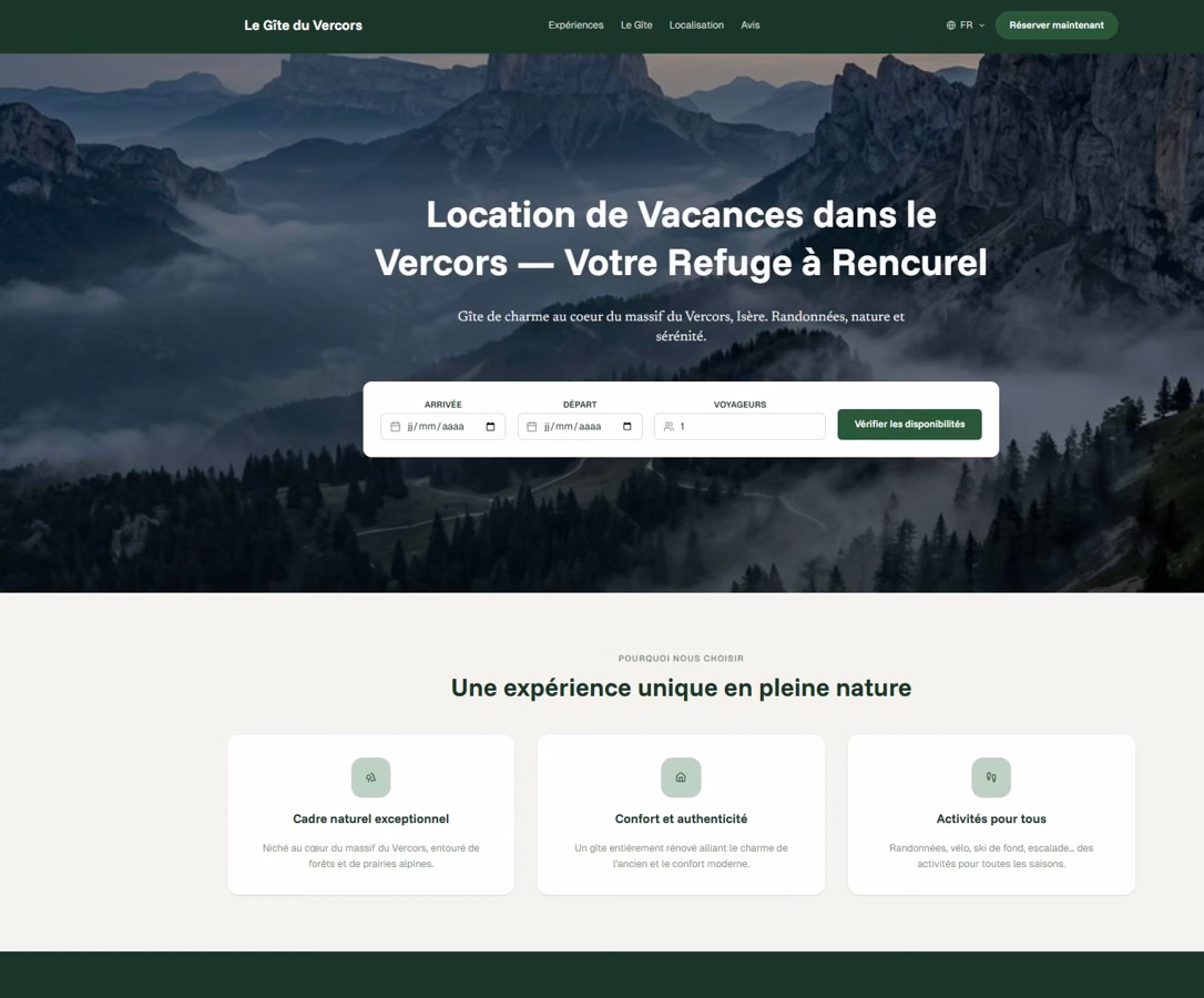 Site web du Gîte du Vercors — page de présentation du gîte